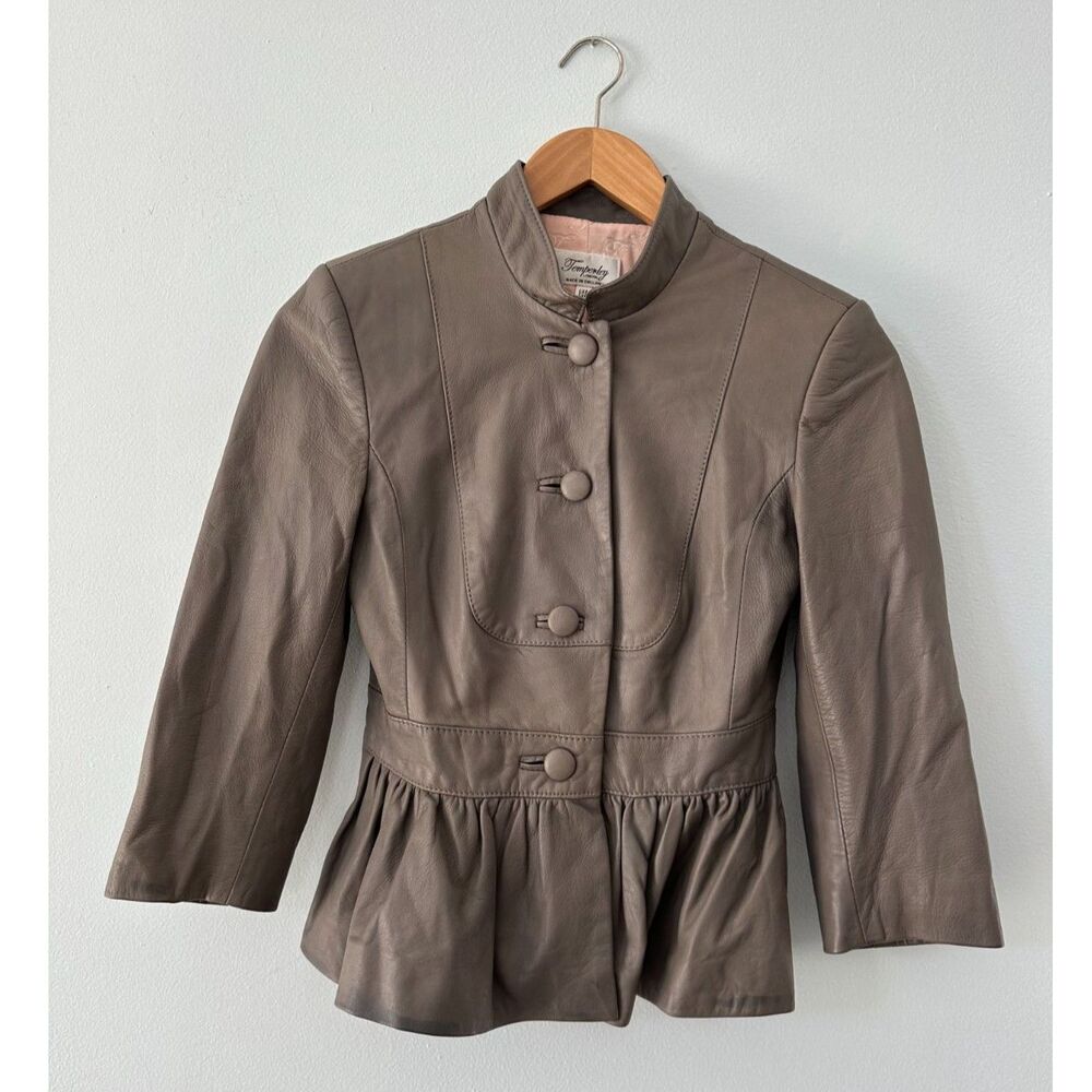 Temperley London Leather Peplum Jacket Taupe Grey 3/4 Sleeve Mandarin Neck US 4